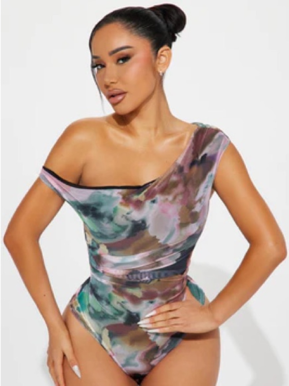 Off-Shoulder Marble Print One-Piece Bodysuit - Green Multi